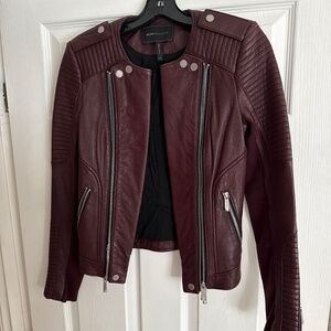 BCBG MAXAZRIA Burgundy Moto Zip Leather Jacket XXS $598